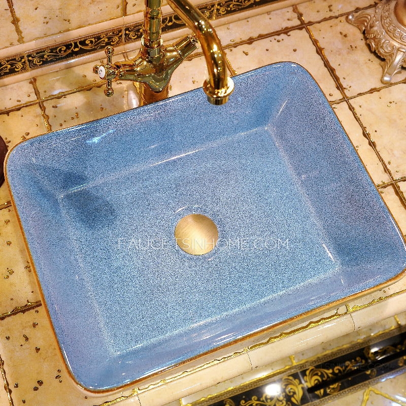 Yellow And Blue Rectangle Ceramic Vessel Sinks Pattern Carved Single Bowl