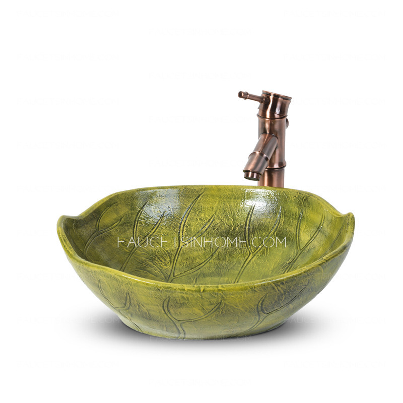 Green Leaf Shape Porcelain Vessel Sinks Pattern Carved Single Bowl