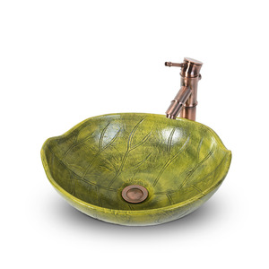 Green Leaf Shape Porcelain Vessel Sinks Pattern Carved Single Bowl