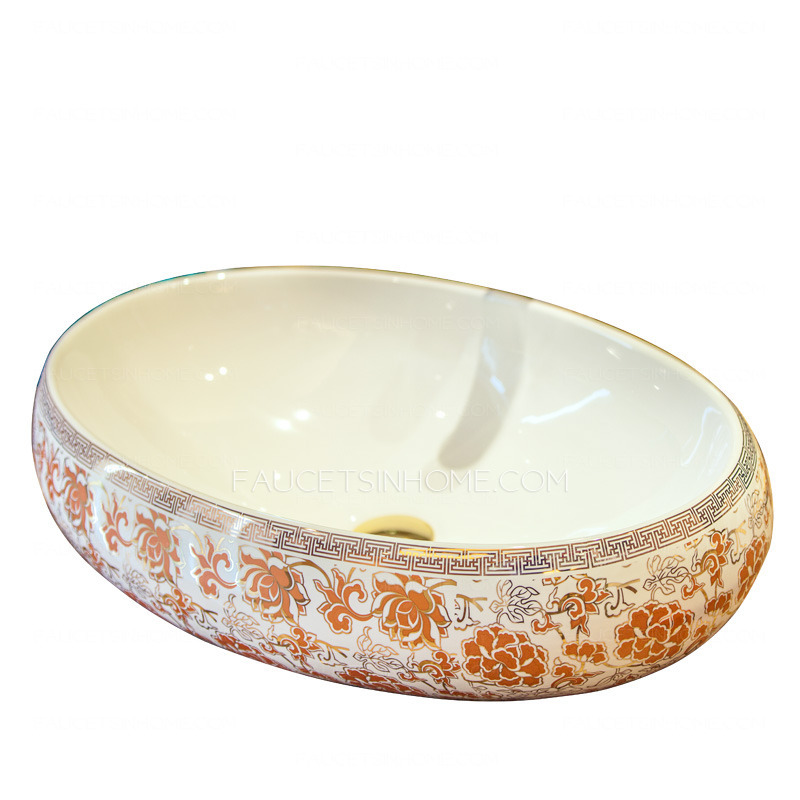 Orange Oval Porcelain Bathroom Sinks Pattern Painting Single Bowl