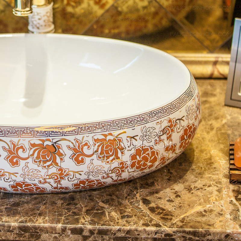 Orange Oval Porcelain Bathroom Sinks Pattern Painting Single Bowl