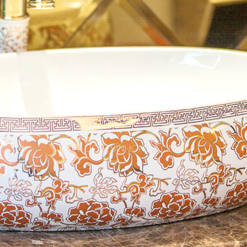 Orange Oval Porcelain Bathroom Sinks Pattern Painting Single Bowl