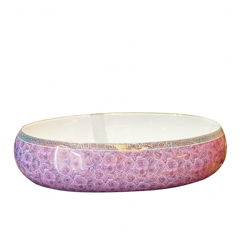 Purple Oval Ceramic Bathroom Sinks Rose Pattern Single Bowl