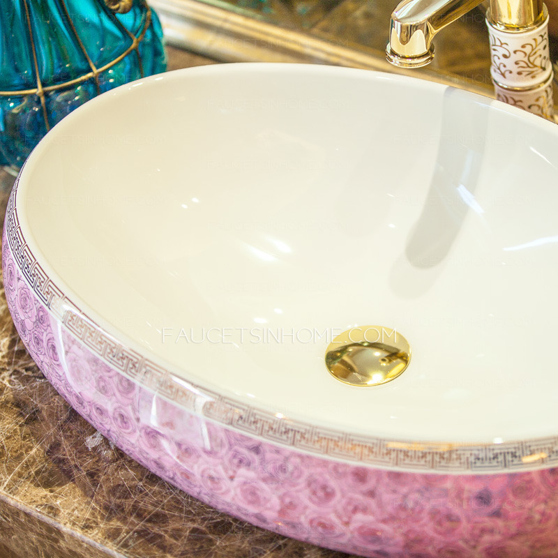 Purple Oval Ceramic Bathroom Sinks Rose Pattern Single Bowl