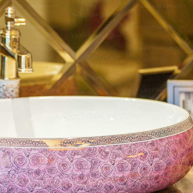 Purple Oval Ceramic Bathroom Sinks Rose Pattern Single Bowl