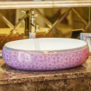 Purple Oval Ceramic Bathroom Sinks Rose Pattern Single Bowl