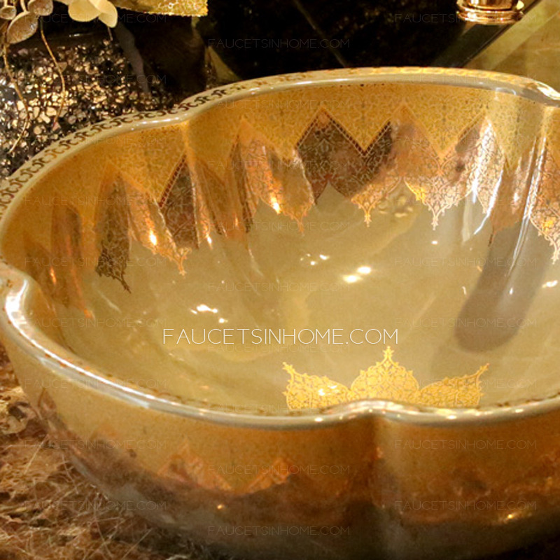Chocolate Brown Flower Shape Vessel Sinks Gold Pattern Single Bowl