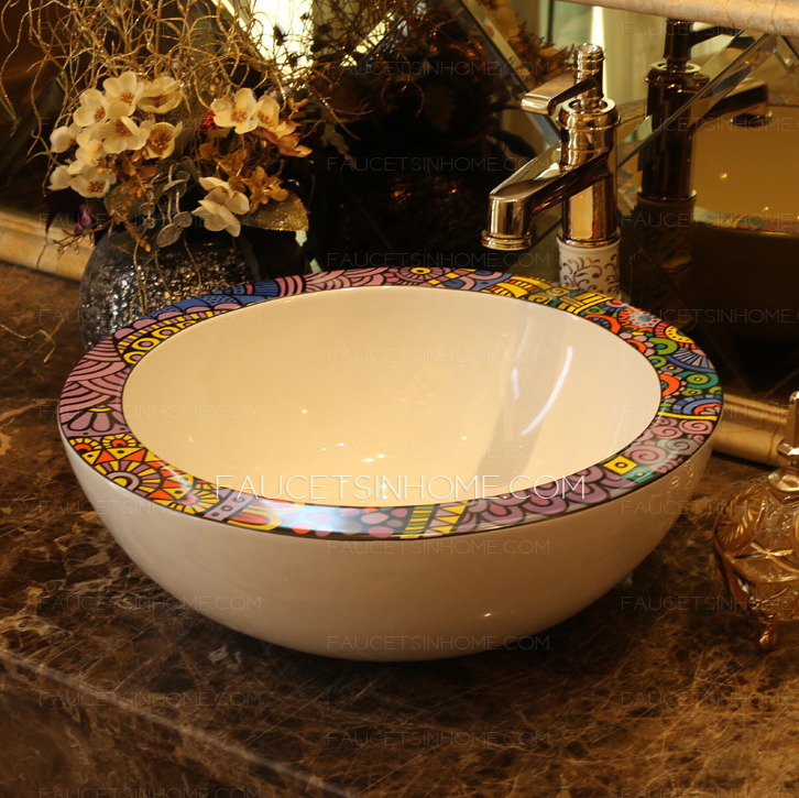 Artistic Round Ceramic Bathroom Sinks Pattern Single Bowl
