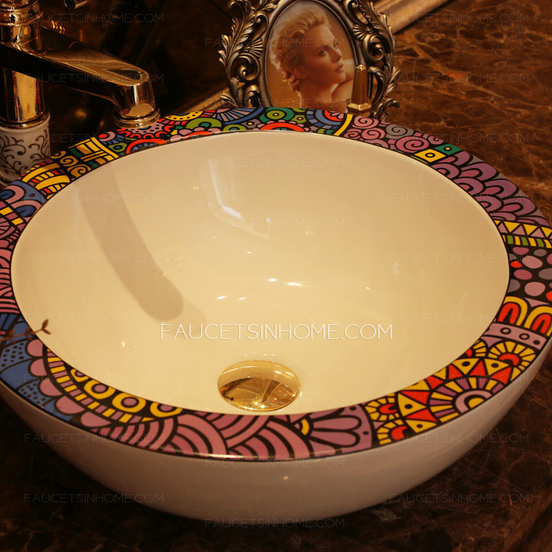 Artistic Round Ceramic Bathroom Sinks Pattern Single Bowl
