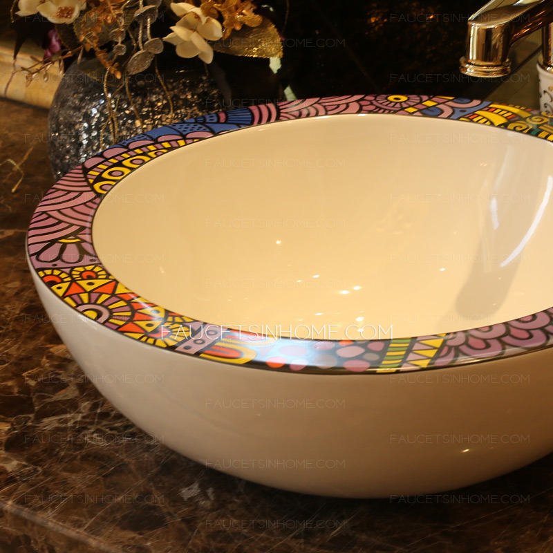 Artistic Round Ceramic Bathroom Sinks Pattern Single Bowl