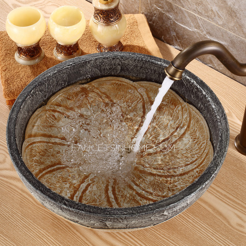 Brown And Gray Round Ceramic Bathroom Sinks Single Bowl