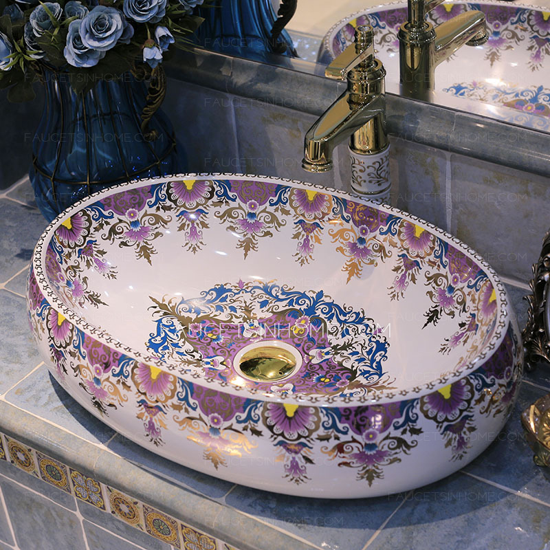 Purple Oval Porcelain Vessel Sinks Pattern Painting Single Bowl