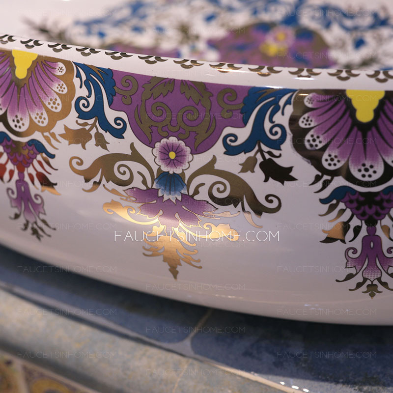 Purple Oval Porcelain Vessel Sinks Pattern Painting Single Bowl