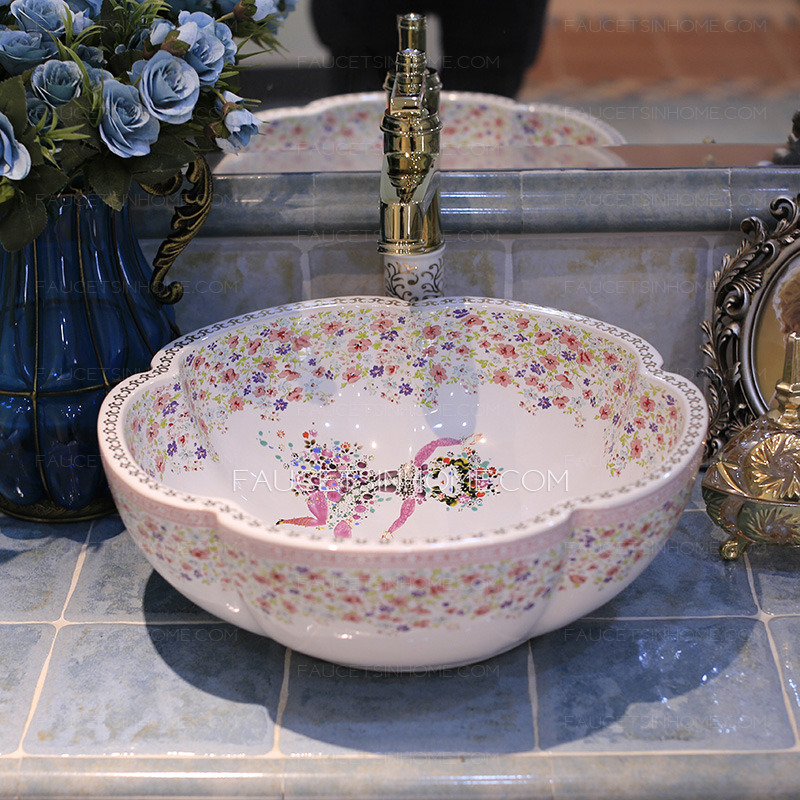 White Flower Shaped Porcelain Bath Basins Floral Painting Single Bowl