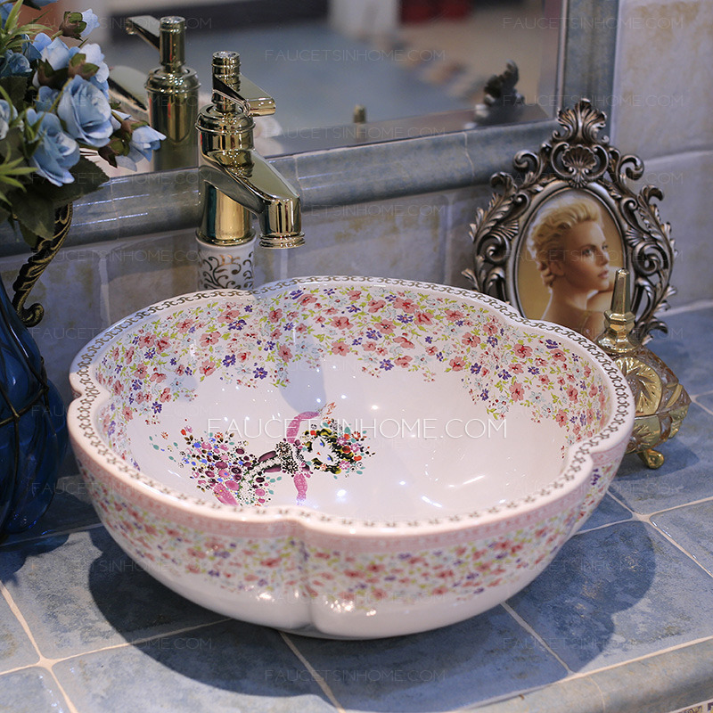 White Flower Shaped Porcelain Bath Basins Floral Painting Single Bowl