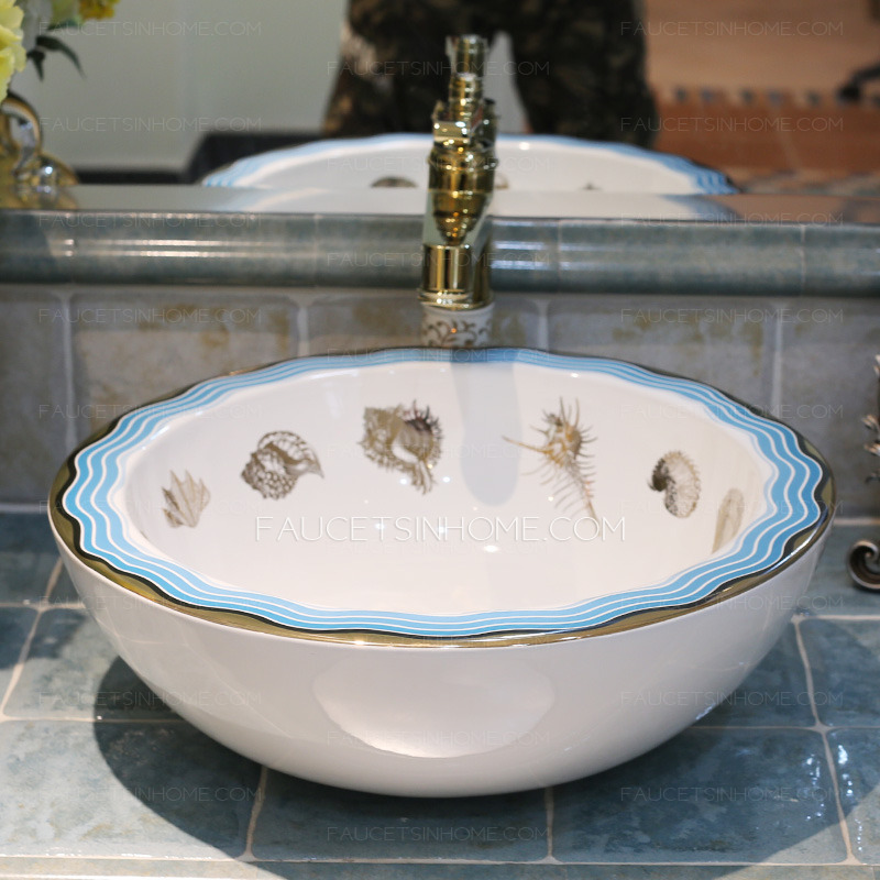 White Porcelain Round Bath Basins Blue Edge Single Bowl Pattern