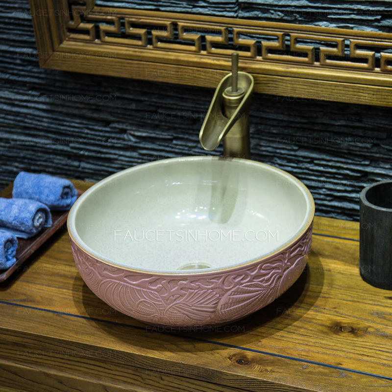 Pink Round Ceramic Vessel Sinks Pattern Carved Single Bowl