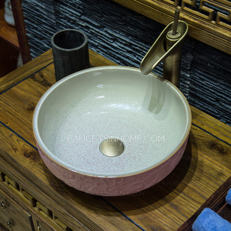 Pink Round Ceramic Vessel Sinks Pattern Carved Single Bowl