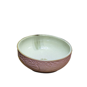 Pink Round Ceramic Vessel Sinks Pattern Carved Single Bowl