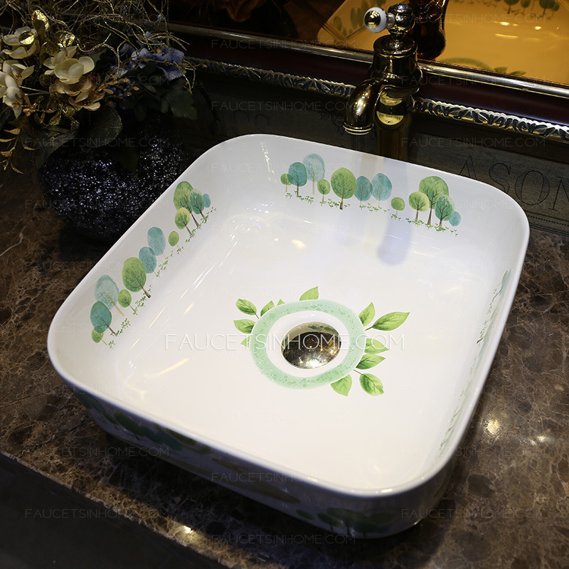 White Square Porcelain Vessel Sinks Tree Pattern Single Bowl