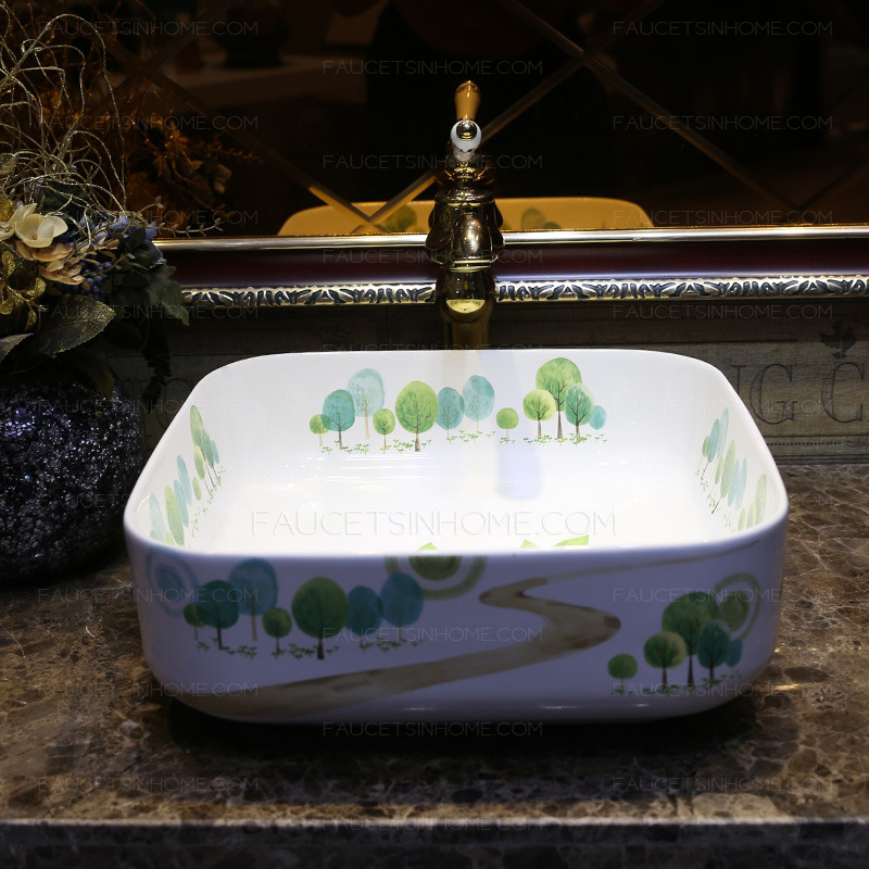 White Square Porcelain Vessel Sinks Tree Pattern Single Bowl