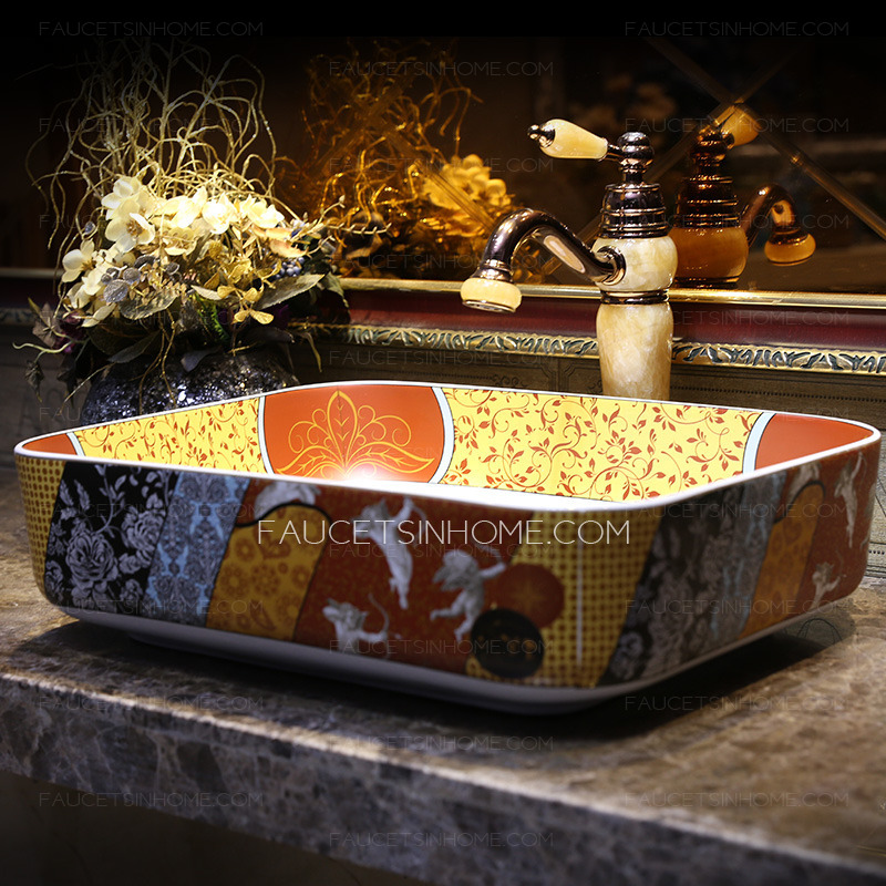 Artistic Rectangle Ceramic Bath Sinks Pattern Painting Single Bowl