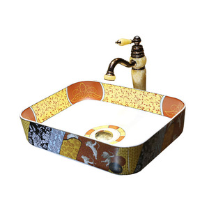 Artistic Rectangle Ceramic Bath Sinks Pattern Painting Single Bowl