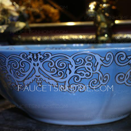 Blue Flower Shape Ceramic Vessel Sink Pattern Painting Single Bowl