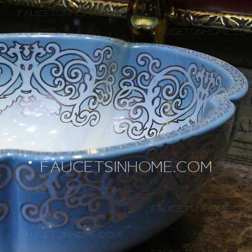 Blue Flower Shape Ceramic Vessel Sink Pattern Painting Single Bowl