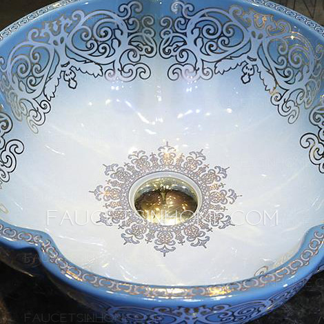Blue Flower Shape Ceramic Vessel Sink Pattern Painting Single Bowl