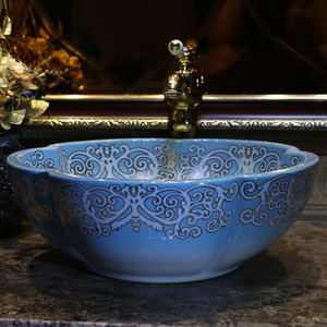 Blue Flower Shape Ceramic Vessel Sink Pattern Painting Single Bowl