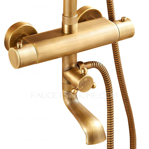 Antique Brushed Brass Wall Mount Thermostatic Exposed Outdoor Shower Sets