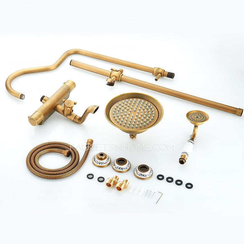 Antique Brushed Brass Exposed Outdoor Shower Faucet Set Thermostatic