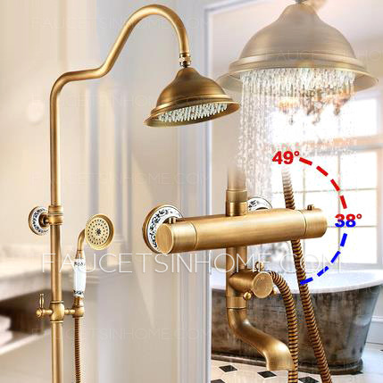 Antique Brushed Brass Exposed Outdoor Shower Faucet Set Thermostatic