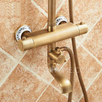 Antique Brushed Brass Exposed Outdoor Shower Faucet Set Thermostatic