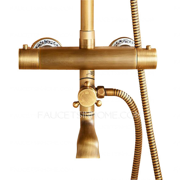 Antique Brushed Brass Exposed Outdoor Shower Faucet Set Thermostatic