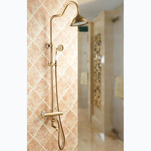 Antique Brushed Brass Exposed Outdoor Shower Faucet Set Thermostatic