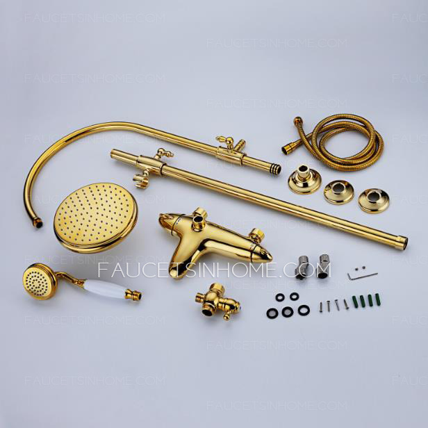 Luxury Polished Brass Thermostatic Exposed Shower Faucet Sets Wall Mount