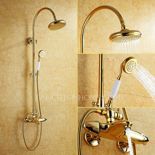 Luxury Polished Brass Thermostatic Exposed Shower Faucet Sets Wall Mount