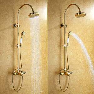 Luxury Polished Brass Thermostatic Exposed Shower Faucet Sets Wall Mount