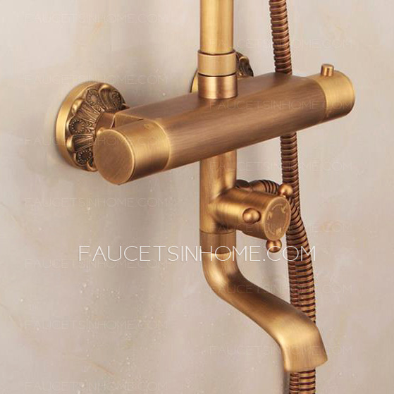 Antique Brushed Brass Thermostatic Exposed Outdoor Shower Faucet Sets