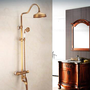 Antique Brushed Brass Exposed Outdoor Shower Faucet Sets Thermostatic