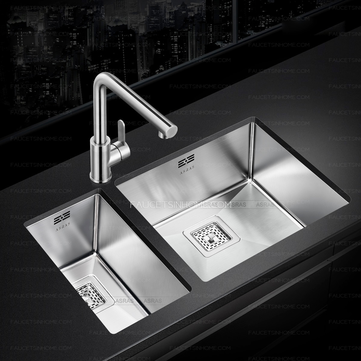Double Sinks Stainless Steel Nickel Brushed With Faucets