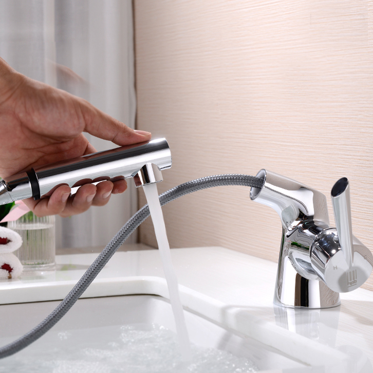 Designer Pull Out Chrome Single Hole Bathroom Faucet