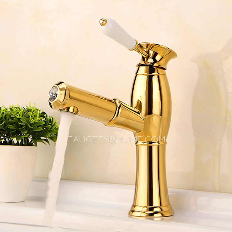 Modern Polished Brass Bathroom Sink Faucet With Pullout Spray