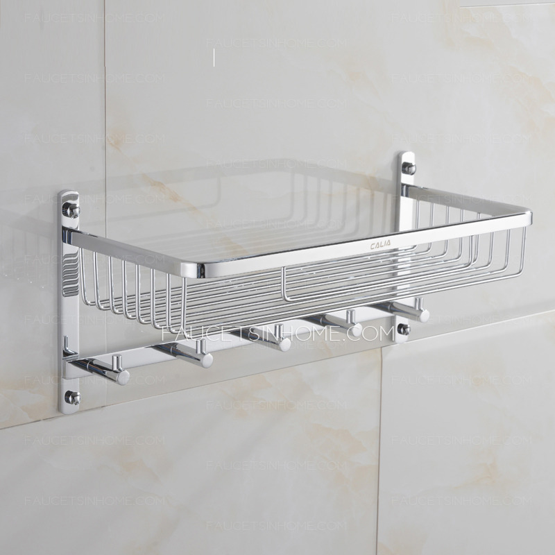 Brass Bathroom Hanging Shelf With Five Hooks Chrome Finish