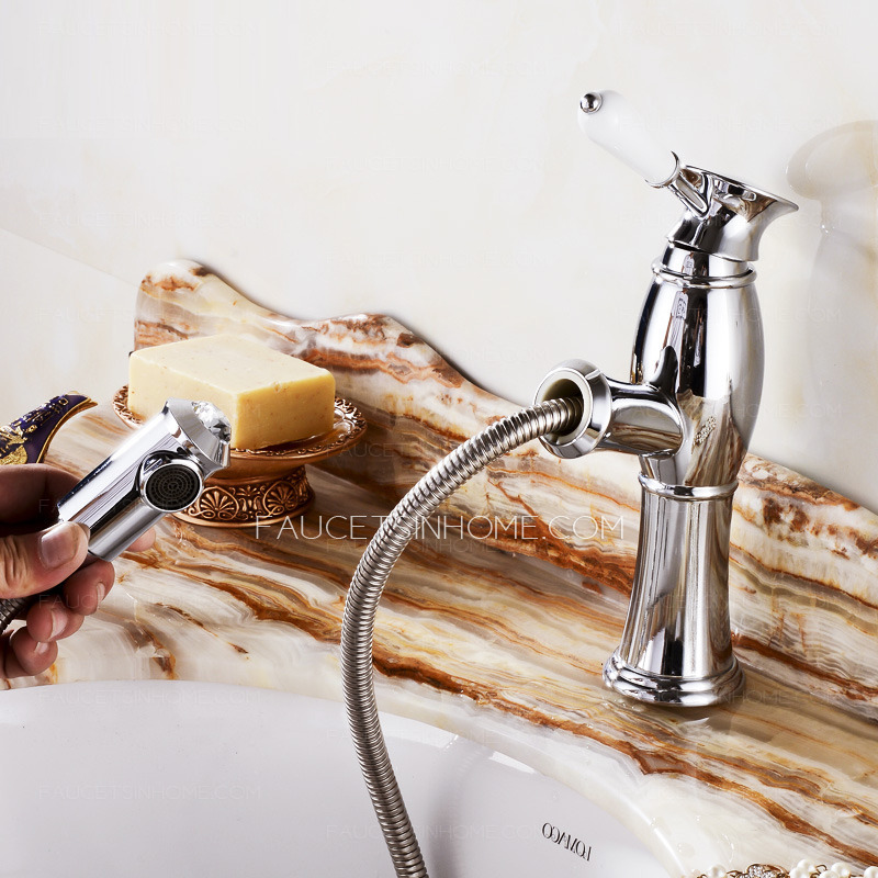 Upgraded Single Hole Pullout Silver Chrome Bathroom Faucet