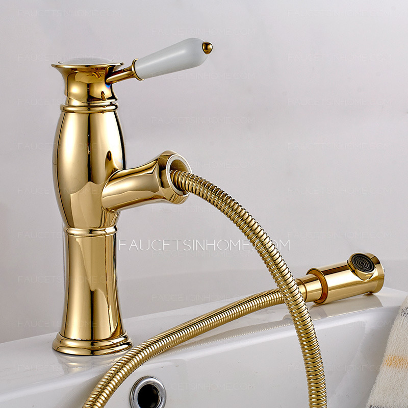 High End Luxury Gold Brass Pull Out Bathroom Faucet