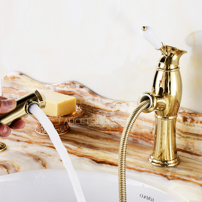 High End Luxury Gold Brass Pull Out Bathroom Faucet