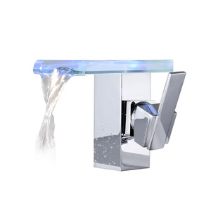 Waterfall Bathroom Sink Faucet Brass Cool LED Contemporary Thermostatic